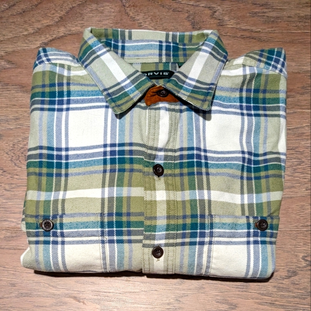 Men's Orvis Green Plaid Flannel Shirt - Large